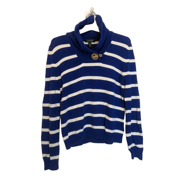 Lauren Ralph Lauren Women's Cowl Neck Long Sleeve Blue White Sweater Medium - Picture 1 of 6